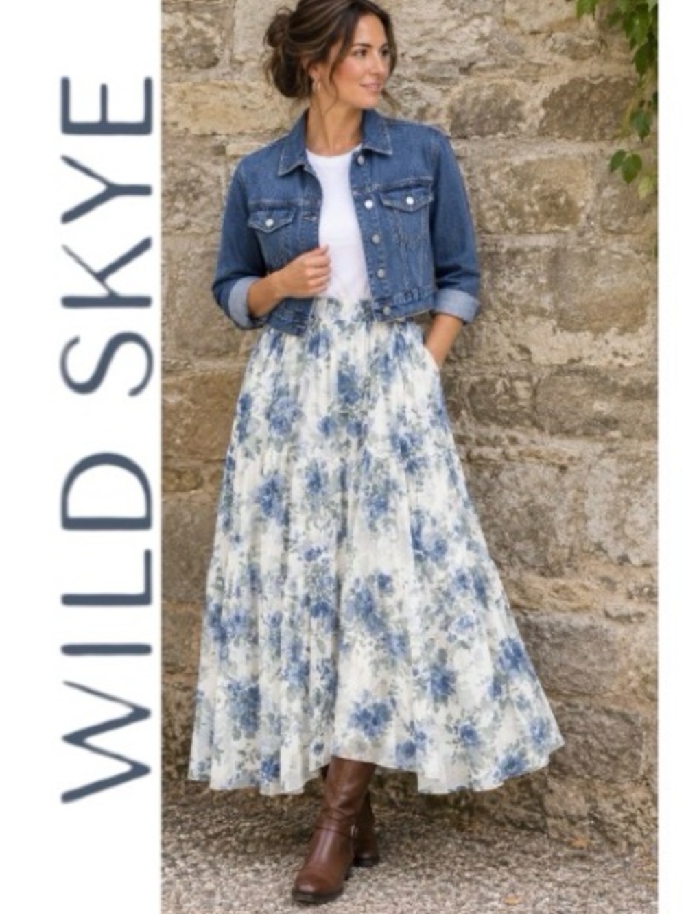 XL Wild Skye Blue Floral Maxi Skirt with Sheer Overlay, New With Tags
